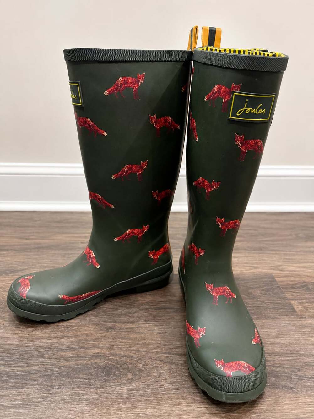 Joules Fox Print Tall Rain Boots Wellies Green Rubber EU 41 US 9 Waterproof